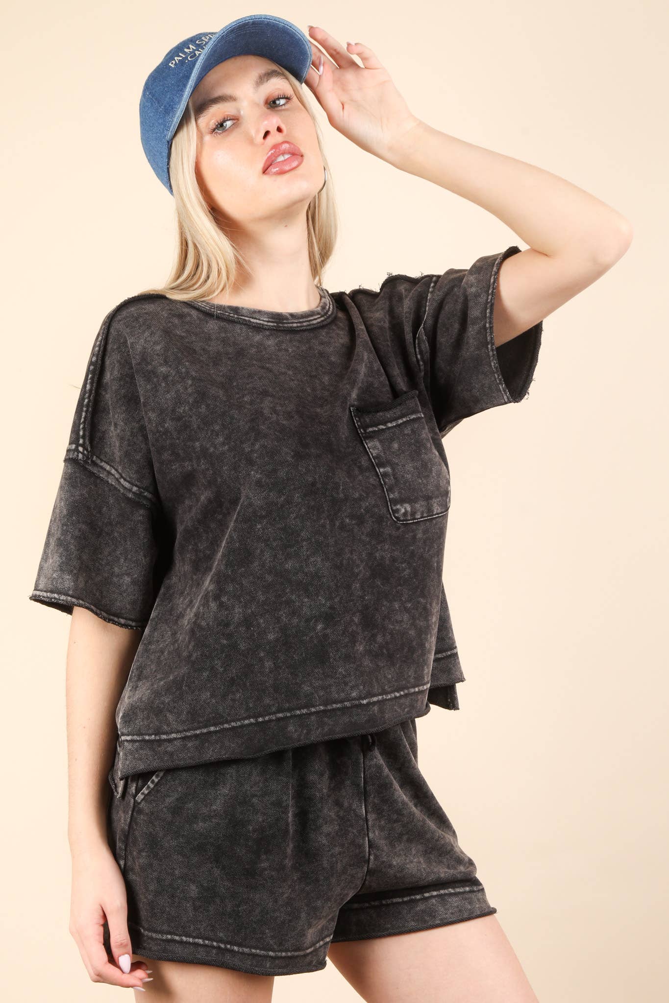 Mineral Washed Comfy Knit Top & Shorts Set