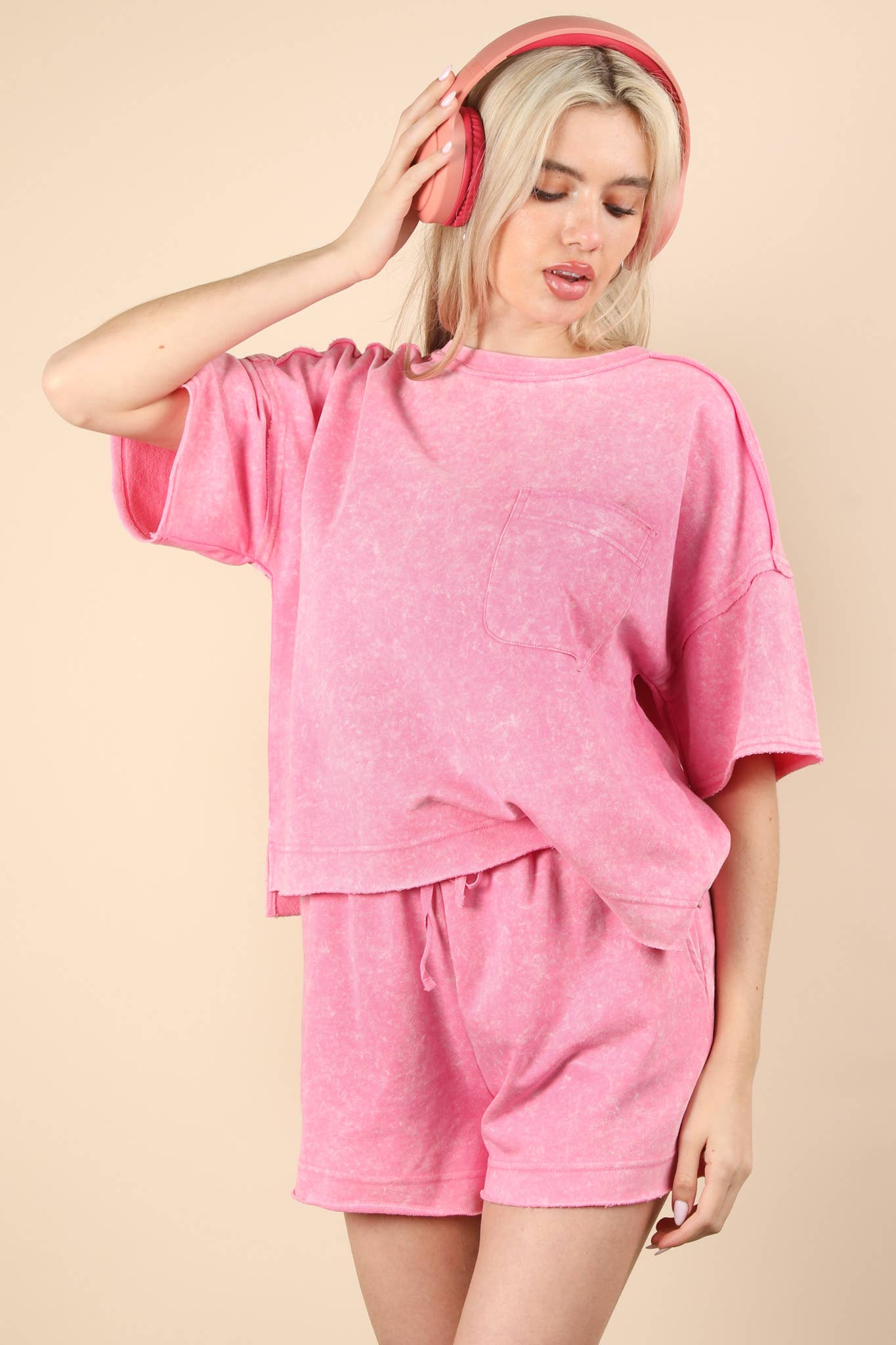 Mineral Washed Comfy Knit Top & Shorts Set