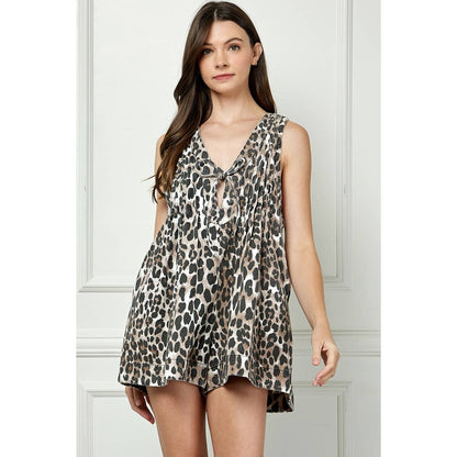 Leopard Printed Pleated V Neck Sleeveless Romper