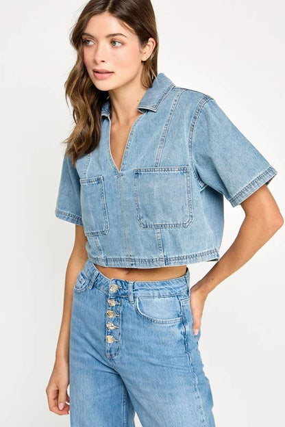 DENIM SHORT SLEEVE COMFY TOP