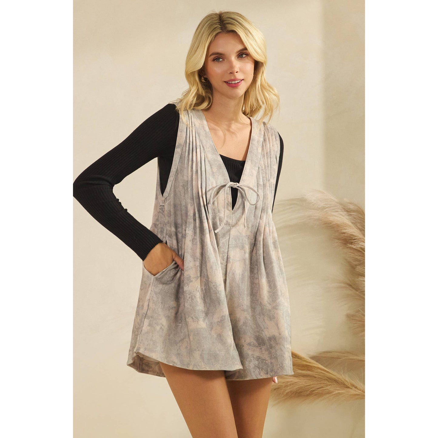Printed French Terry Sleeveless V Neck Romper