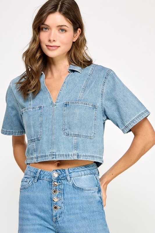 DENIM SHORT SLEEVE COMFY TOP