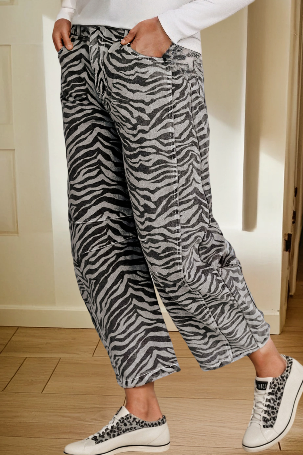 Zebra Stripe Printed Wide Leg Jeans