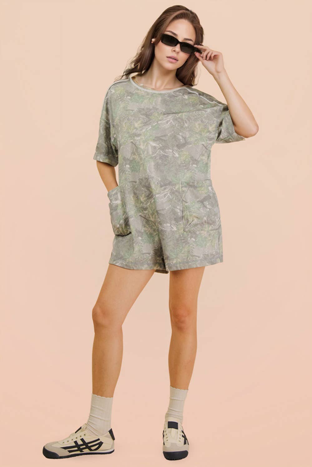NP70981-Camo Print Knit Casual Romper