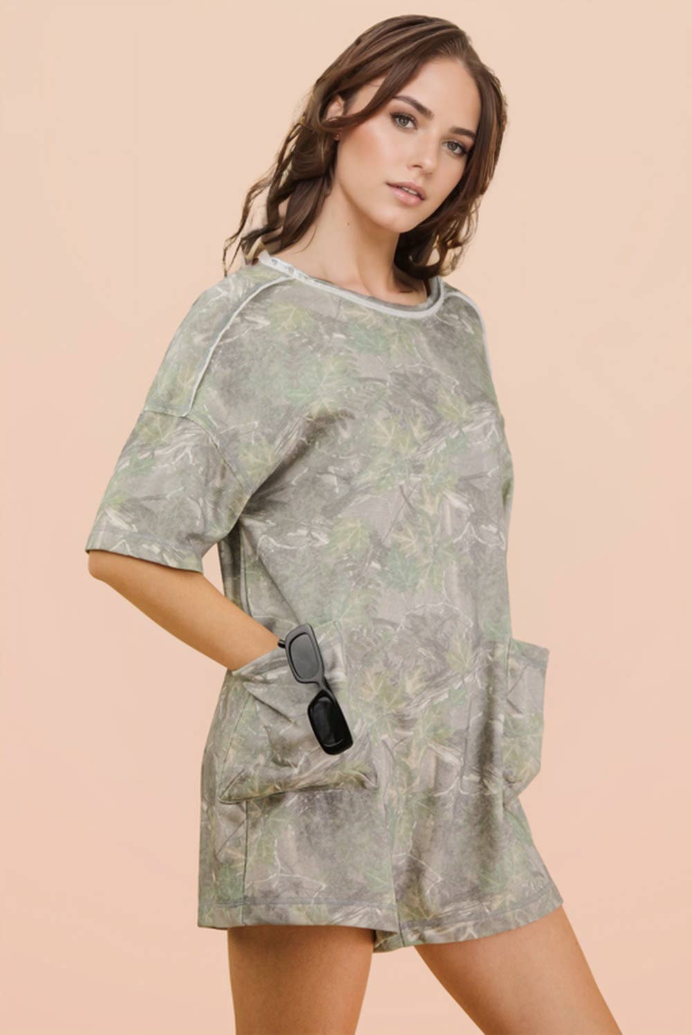 NP70981-Camo Print Knit Casual Romper