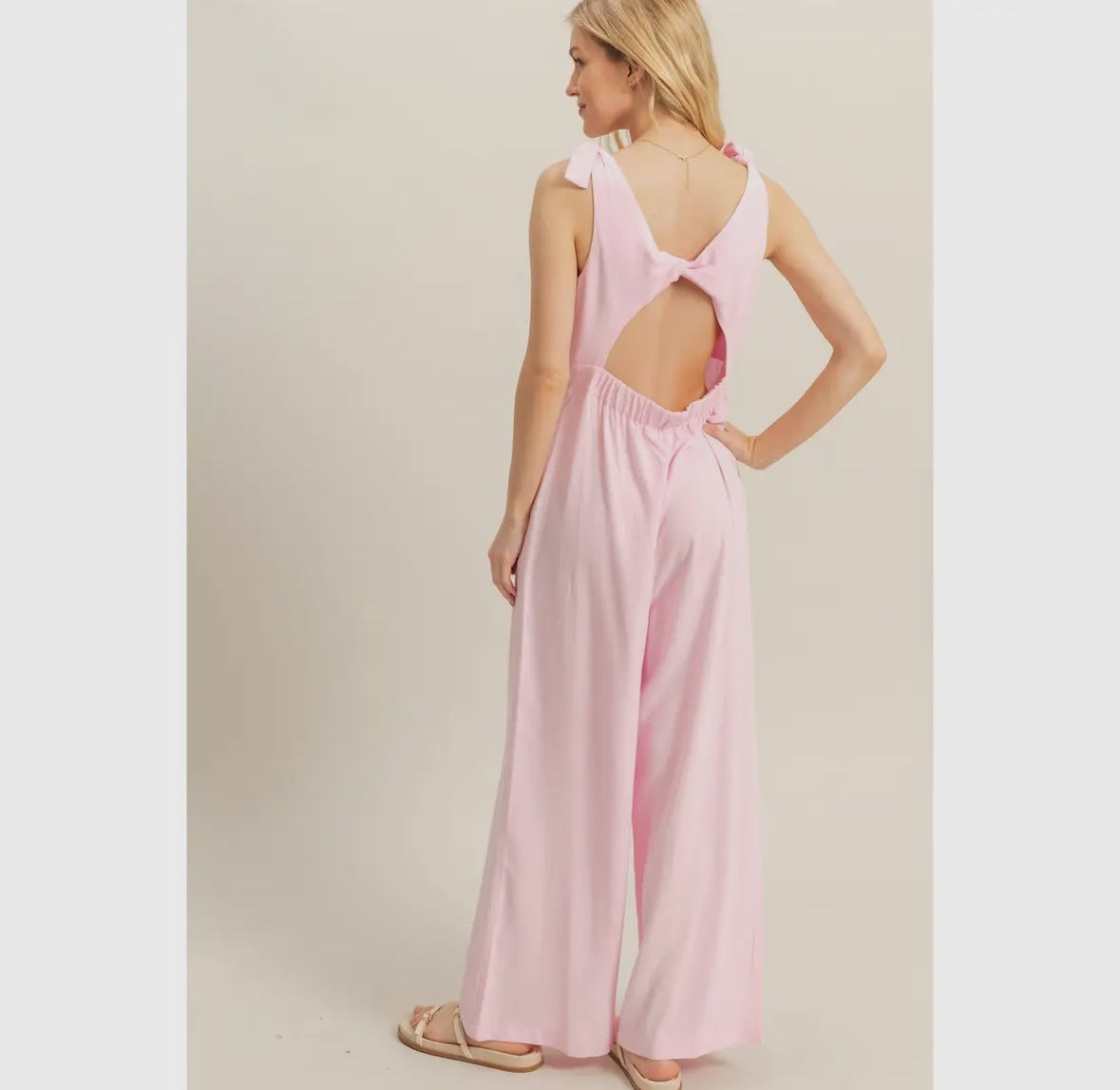 Pastel pink open back jumpsuit