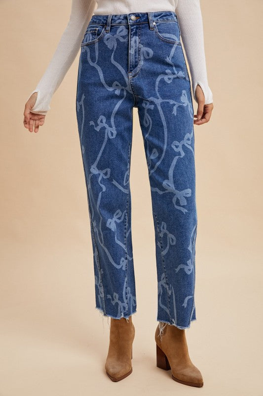 Straight leg bow jeans