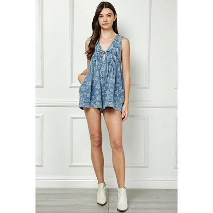 Leopard Printed Pleated V Neck Sleeveless Romper