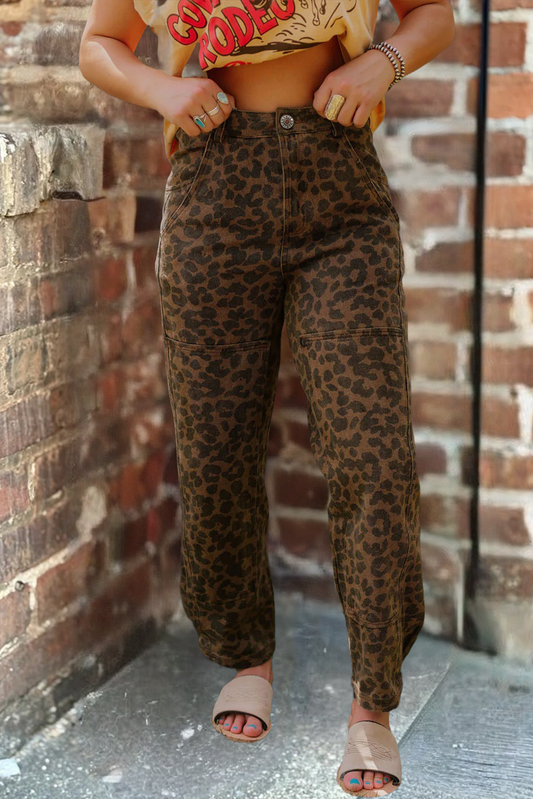 Clear Seam Detail Patchwork Leopard Print Jeans