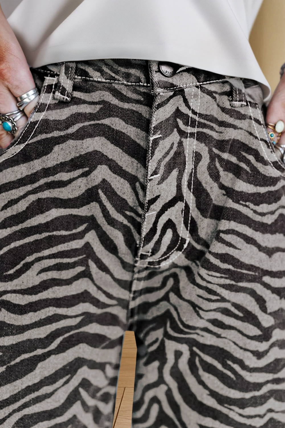 Zebra Stripe Printed Wide Leg Jeans