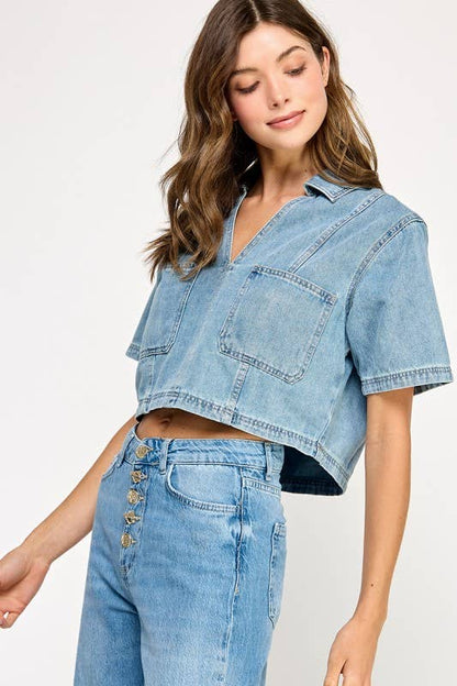DENIM SHORT SLEEVE COMFY TOP
