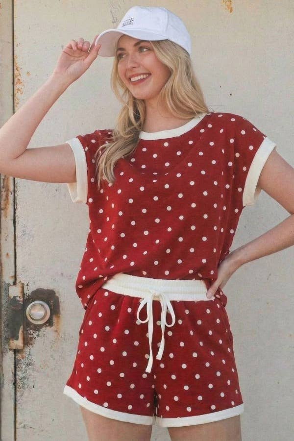 Casual polka dot lounge set made with soft scuba fabric