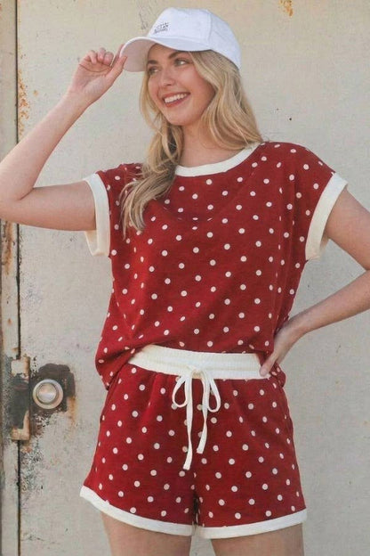 Casual polka dot lounge set made with soft scuba fabric