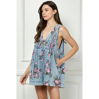 Leopard Printed Pleated V Neck Sleeveless Romper